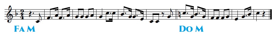 Partitura Melodía que empeza en Fa M e despois da dobre barra cambia a Do M