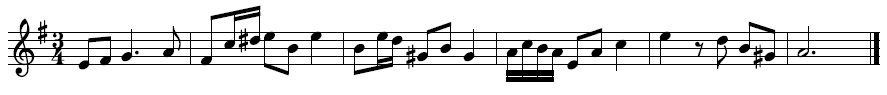 3/4, armadura Fa#, e un Re # no segundo compás
