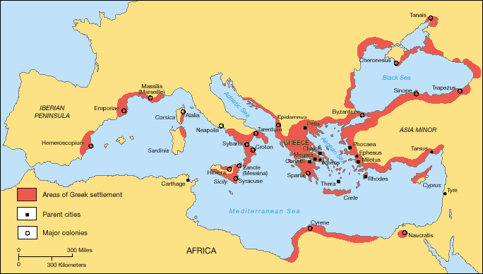 Mapa da colonización grega no periodo arcaico