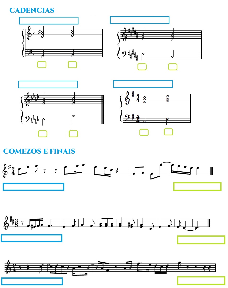 Partitura Cadencias e melodías para indicar o comezo e o fiinal