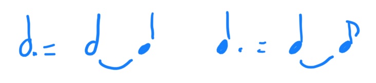 Branca con puntiño igual a branca e negra ligadas; negra con puntiño igual a negra e corchea ligadas