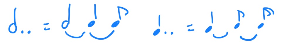 Branca con dobre puntiño igual a branca, negra e corchea ligadas; negra con dobre puntiño igual a negra, corchea e semicorchea ligadas.