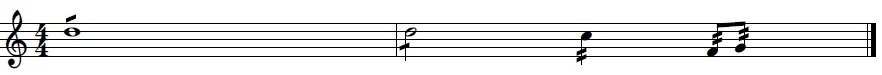 Dous compases 4/4: redonda cunha pequena barra encima, branca cunha barra cortando a plica, negra con dúas barras cortando a pica e dúas corcheas con dúas barras cada unha cortando as plicas.