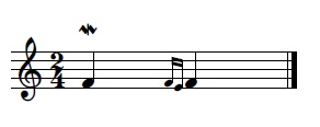 Mordente dúas notas inferior Dúas negras cun signo con forma de M cunha liña vertical no medio