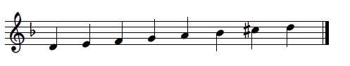 1 bemol armadura, escala en re, con Do#