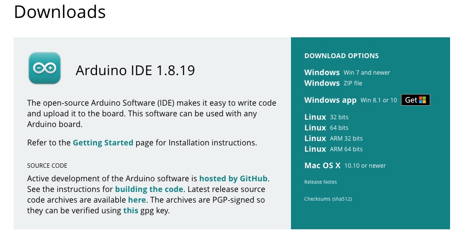 Captura da web de Arduino para descargar a IDE