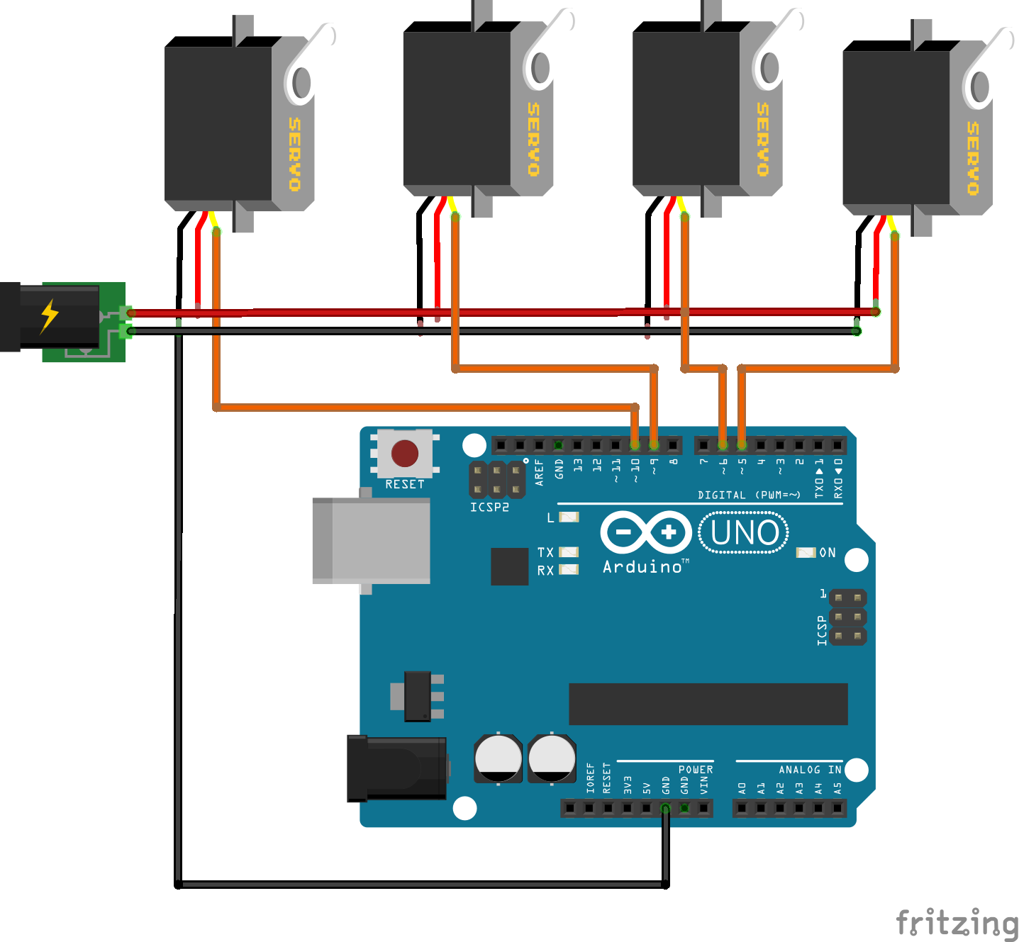 Esquema de varios Servos conectados a un Arduino