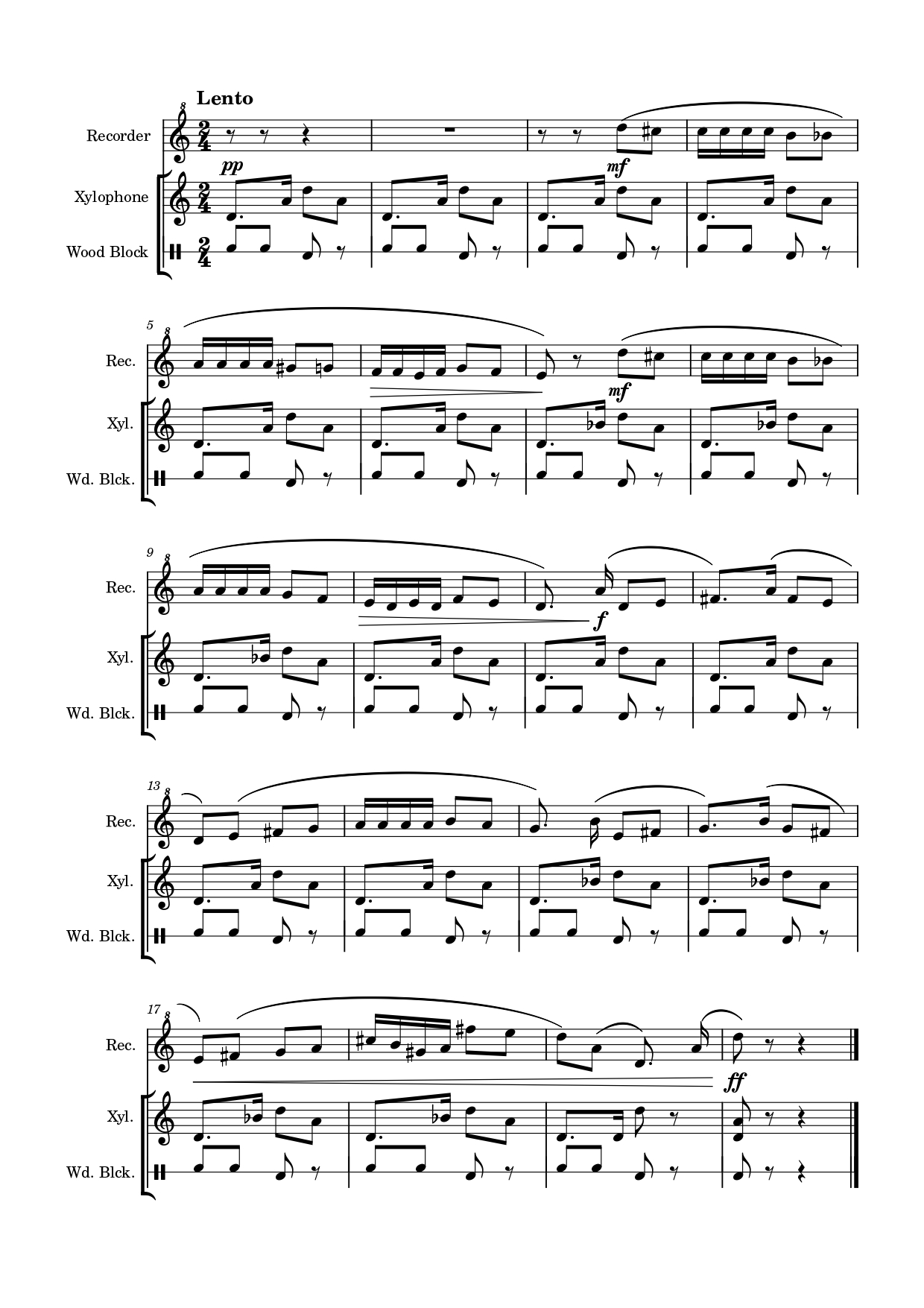 Habanera score from Carmen opera. recorder, xylophone, wood block