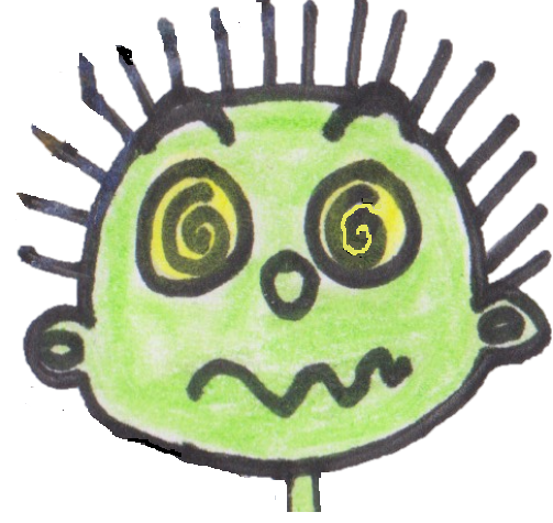 Debuxo da cara verde dun pequeno monstro