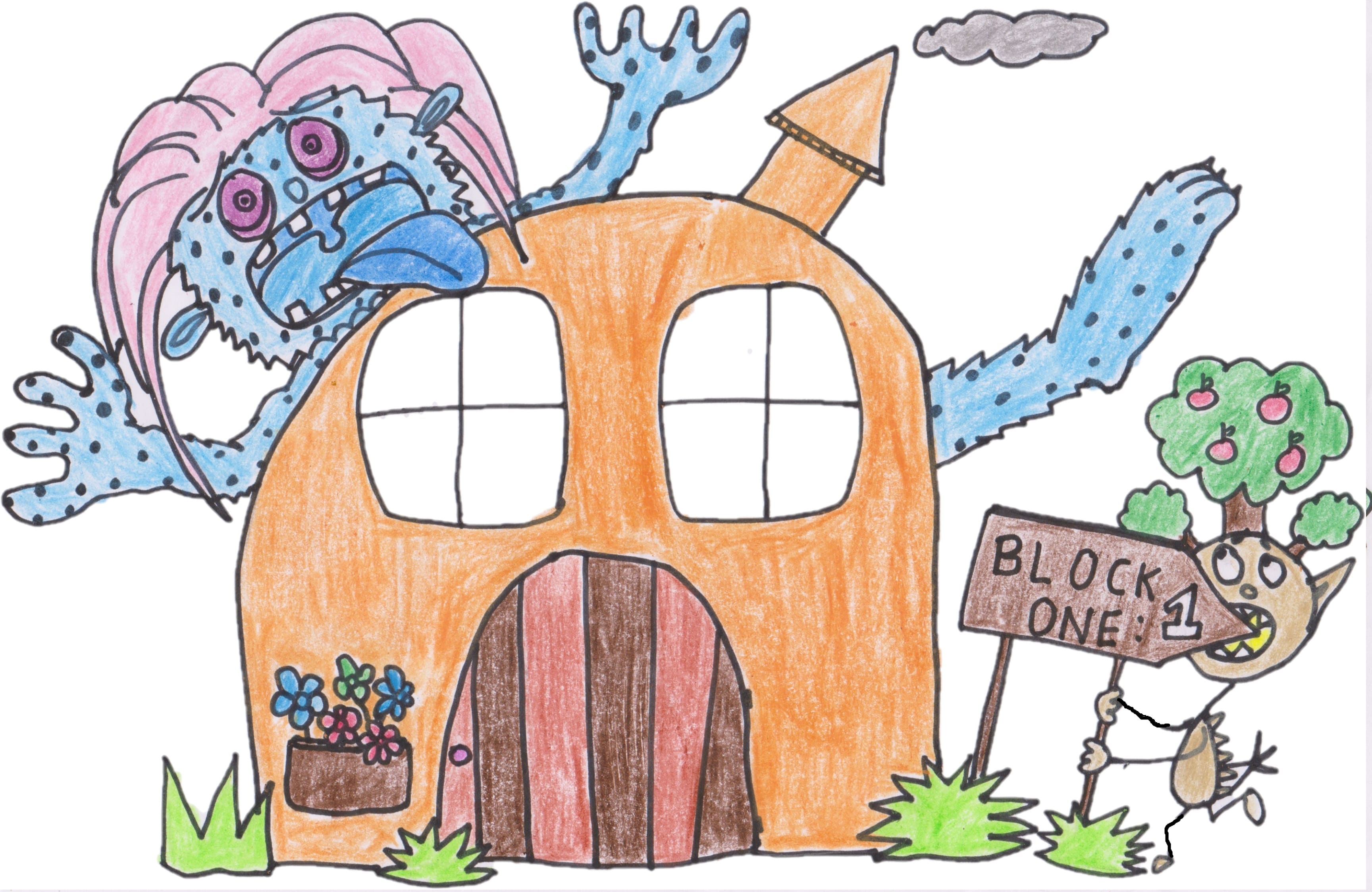 Debuxo duns monstros cun cartel que pon "bloque 1" en inglés