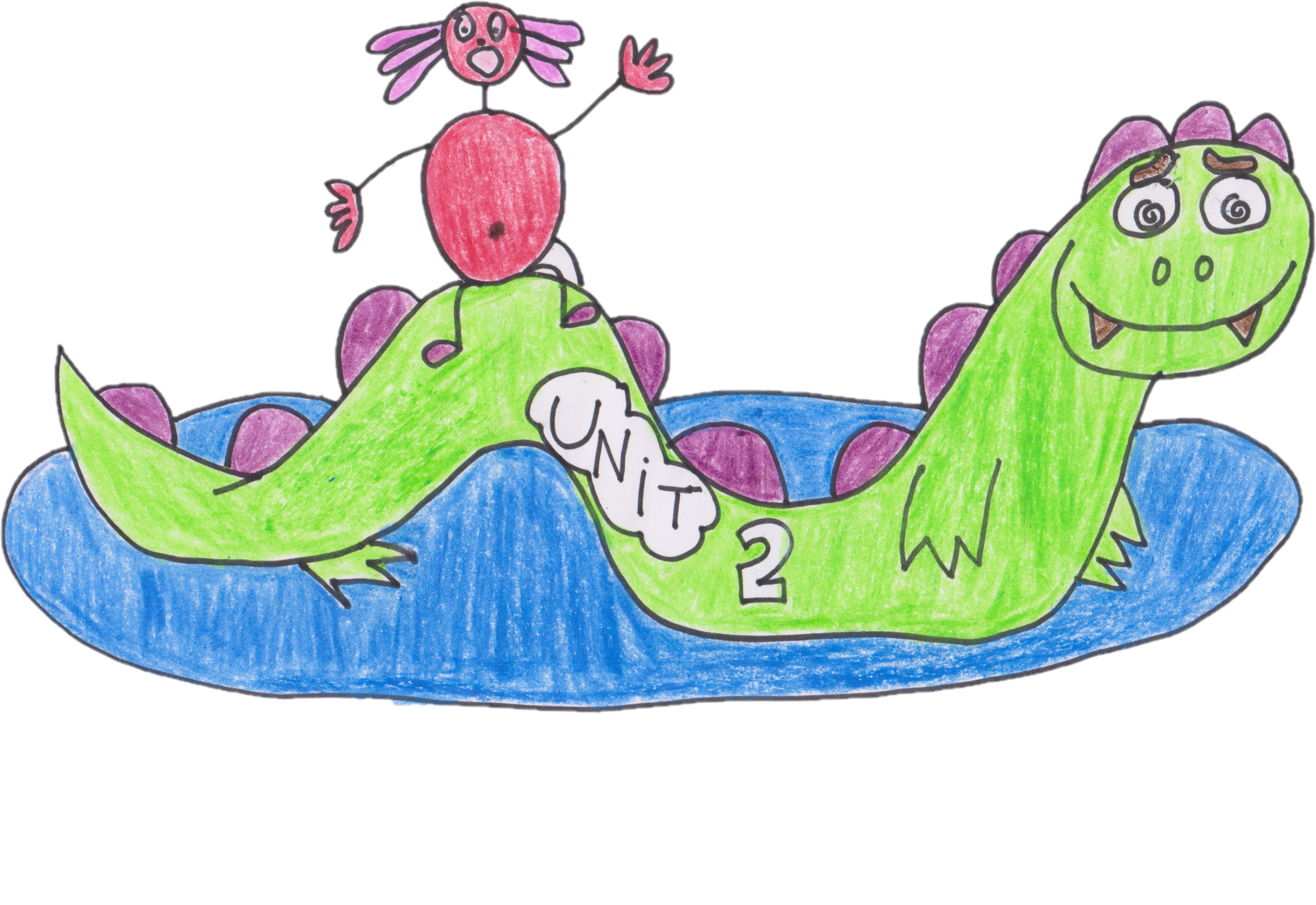 Debuxo duns monstros cun cartel que pon "unidade 2" en inglés
