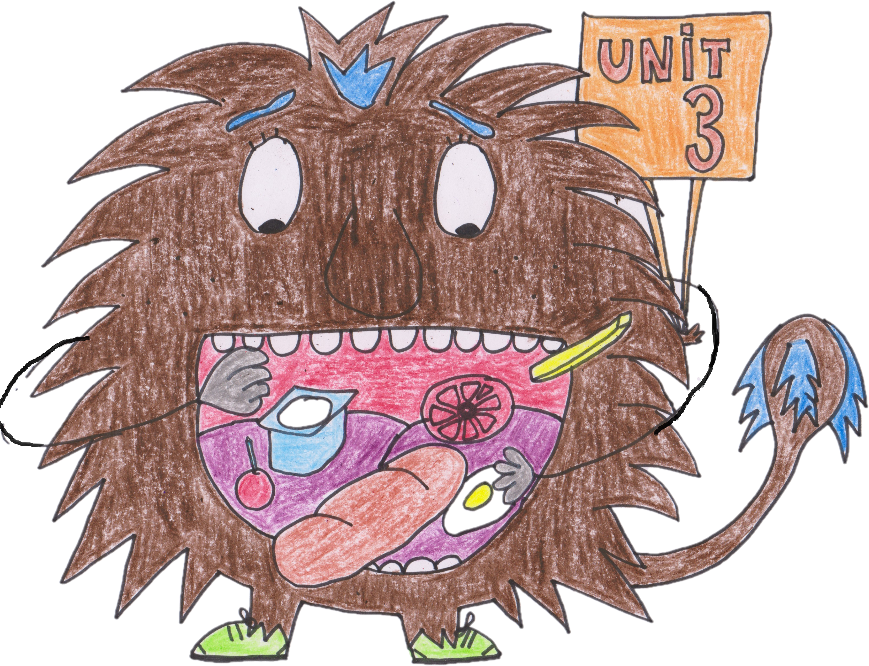 Debuxo de monstro cun cartel que pon "unidade 3" en inglés