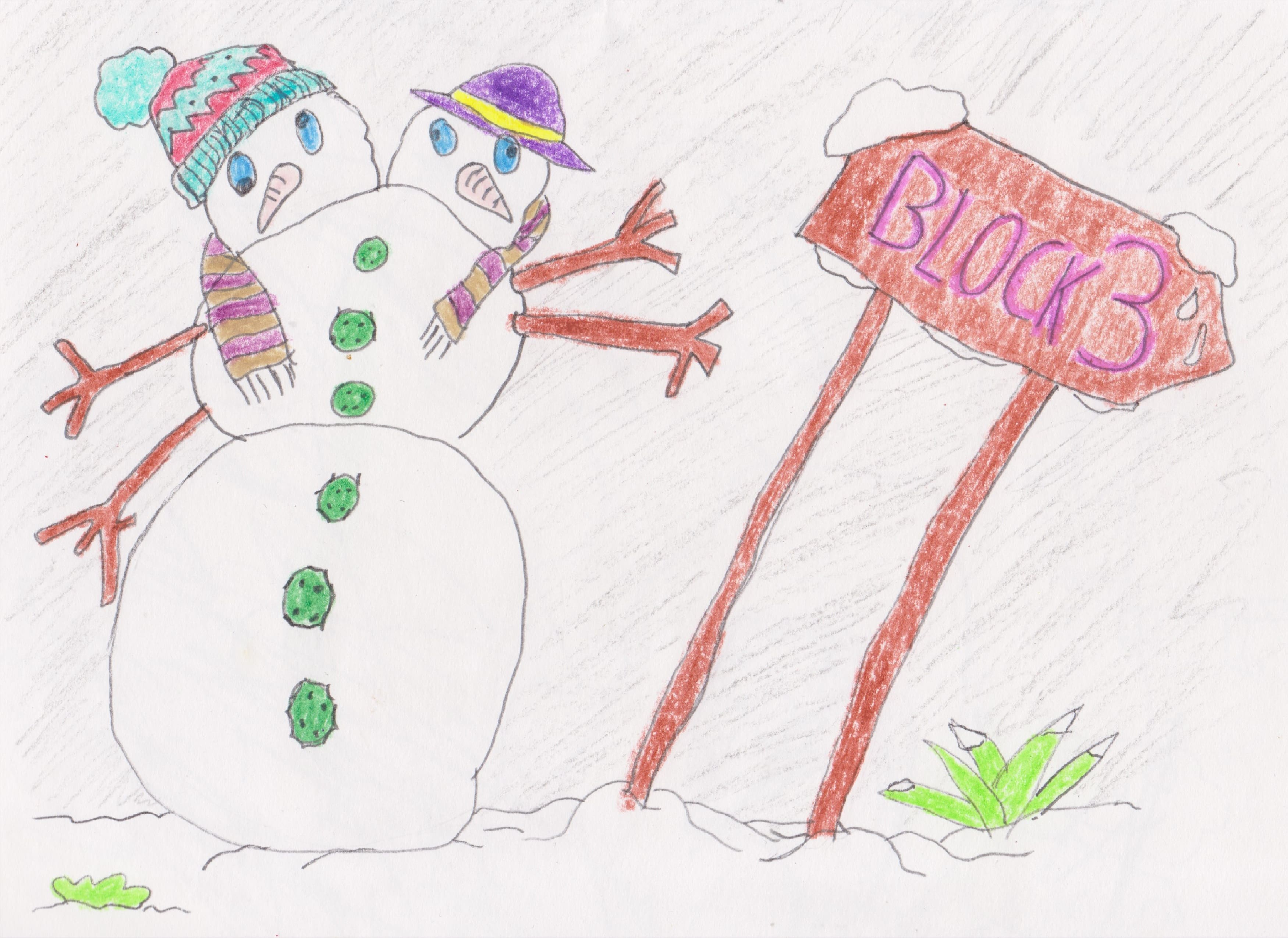 Debuxo dun boneco de neve de dúas cabezas cun cartel que indica 'Block 3'
