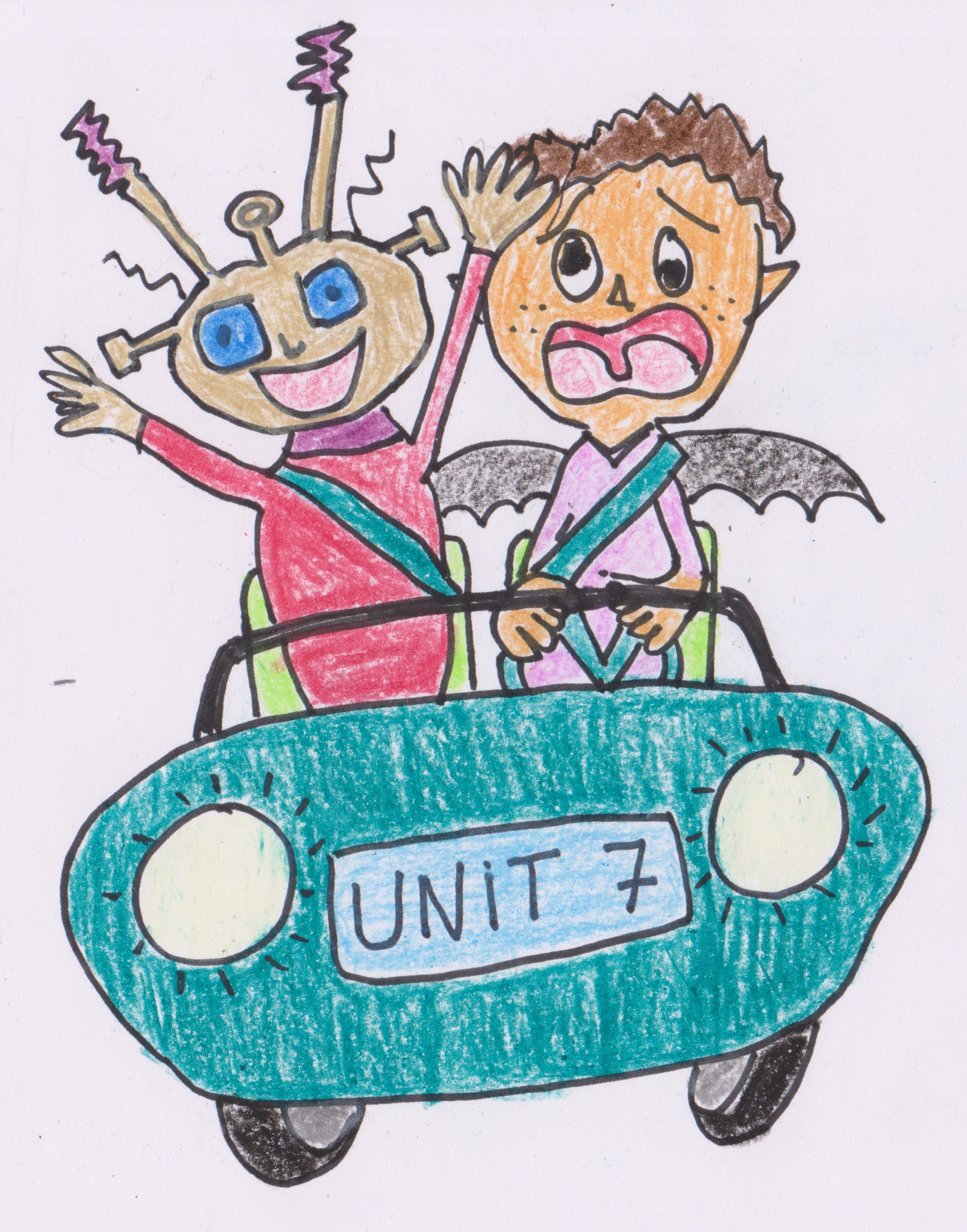 Dous monstros graciosos van nun coche e a matrícula do coche pon "unit 7".