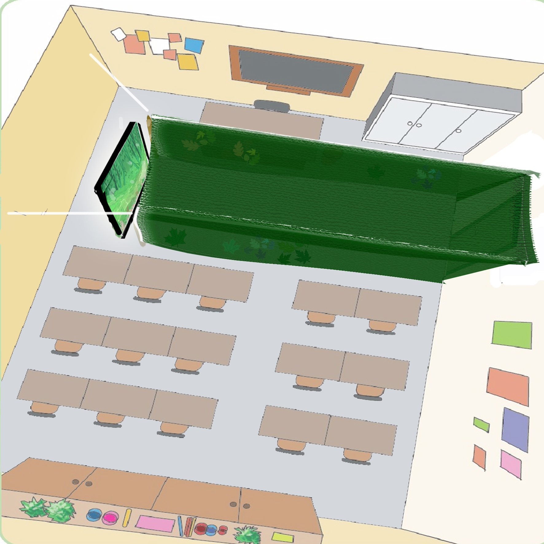 Debuxo dunha clase vista dende arriba para actividade final