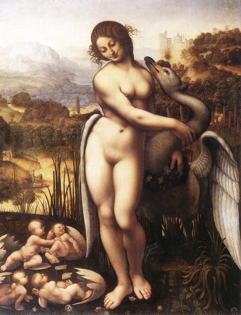 Leda, a carón do cisne, contempla as dúas parellas divinas que surxen dos ovos