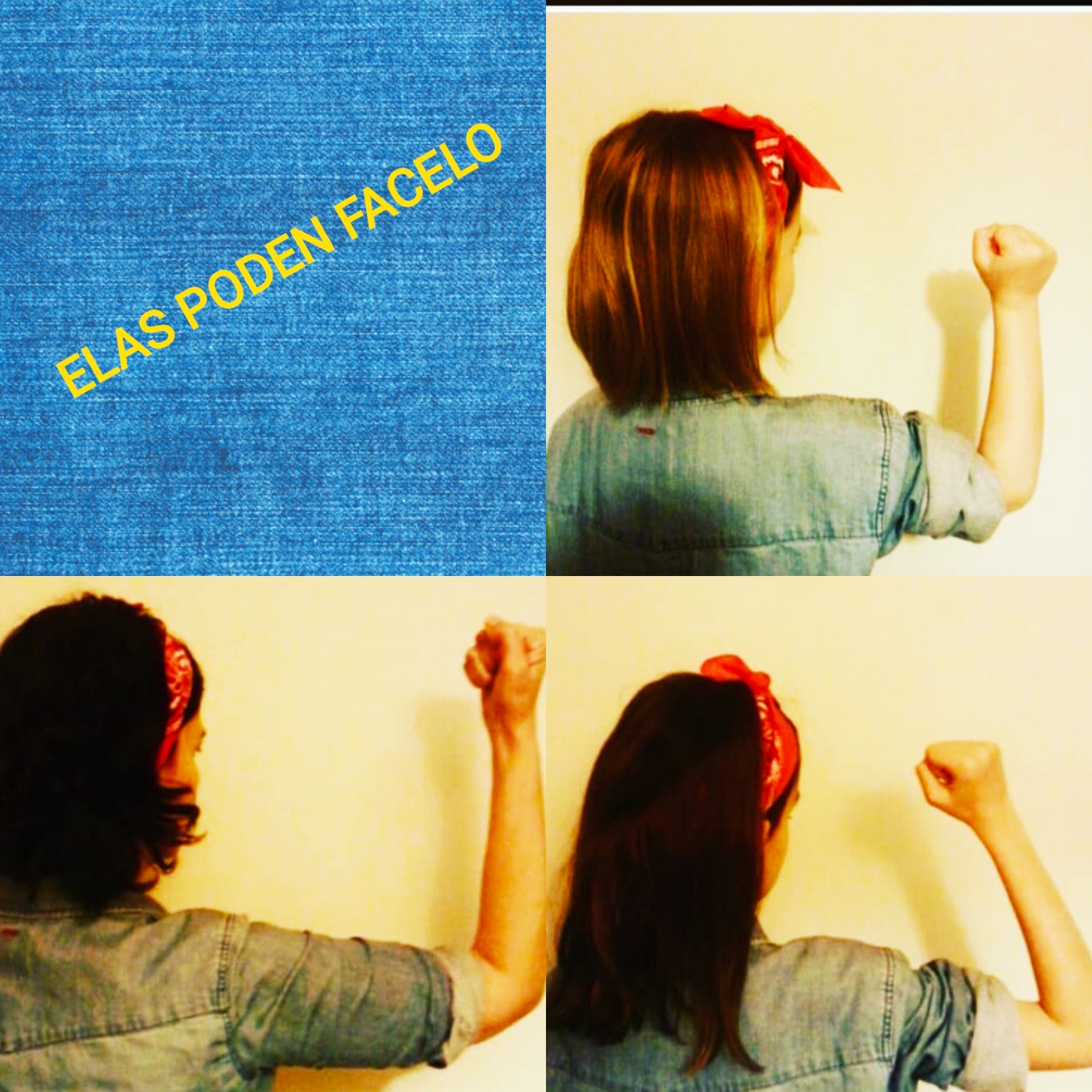 3 mulleres levantando o brazo