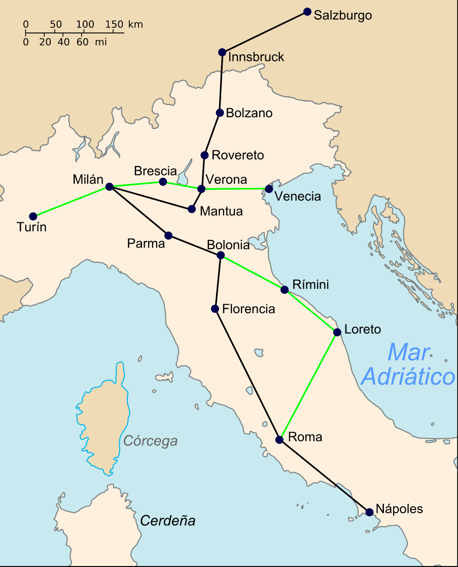 Mapa de lugares importantes para Mozart en Italiaa