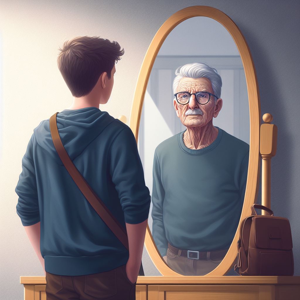 una persona joven delante del espejo, reflejo de un anciano, ilustración