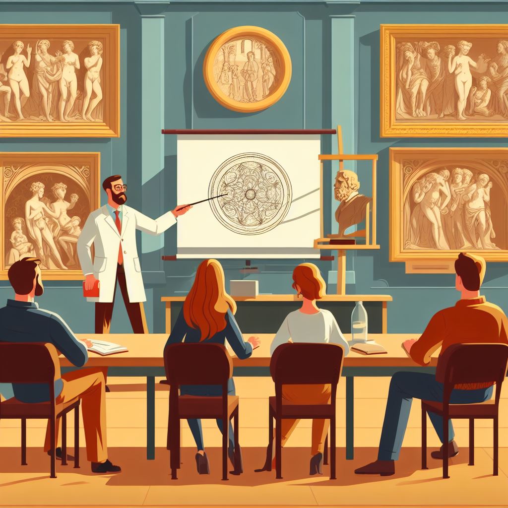 Un profesor da una conferencia sobre historia del arte ante un auditorio