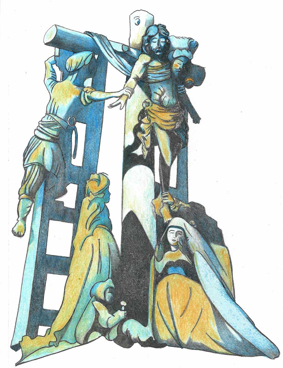 Escena escultórica da Paixón de Cristo nun cruceiro. Cerviño García, José e Cerviño Quinteiro, Ignacio (1872). Detalle de cruceiro, Hío, Cangas, Pontevedra