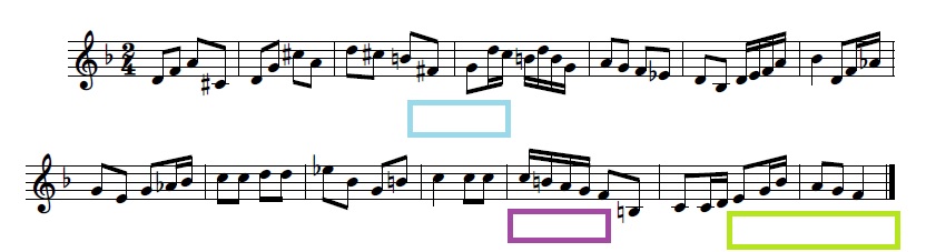 partitura para 1 voz, con armadura 1 bemol, 1º cadro no 3º compás con si becadro e fa#; 2 cadro no antepenúltimo compás con si becadro; 3º cadro sen alteracións e rematando en fa.