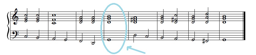 partitura sen armadura, cunha frecha no acorde do 4º compás (sol-si-re-sol) e no seguinte ata o final aparece o fa#