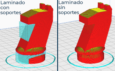 Captura de pantalla de una pieza 3D laminada con o sin soportes