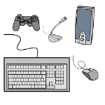 Pictograma periféricos: teclado, micrófono, ratón, altavoz y mando para videojuegos