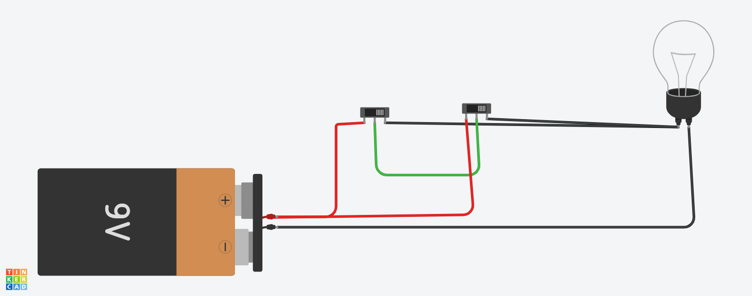 Imagen de un circuito con una pila,  dos conmutadores y una bombilla.