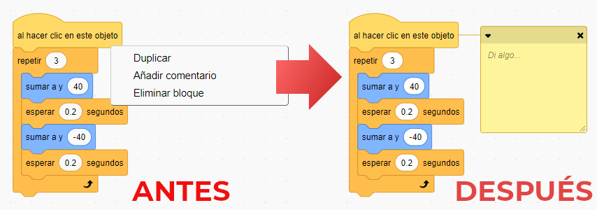 Añadir un comentario en Scratch. Antes y después.