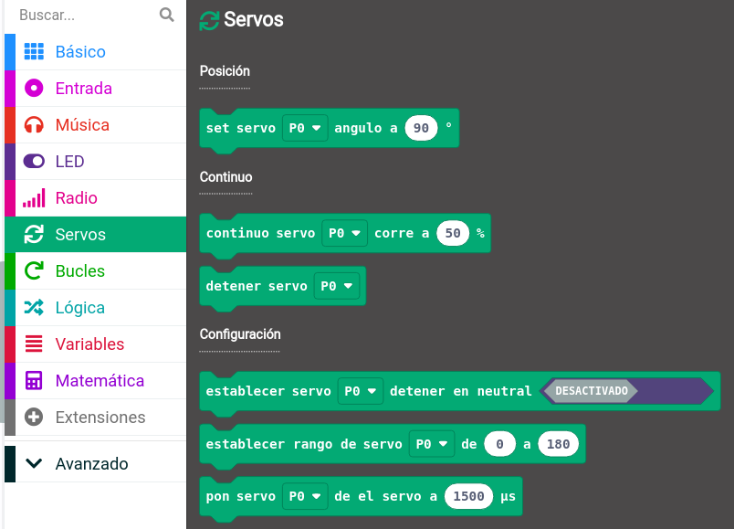 La imagen muestra los bloques de programación disponibles para la extensión servo