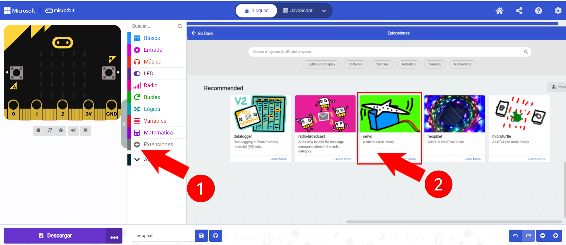 La imagen muestra los pasos para instalar la extensión de bloques para programar servomotores en el entorno de programación Make Code Microbit