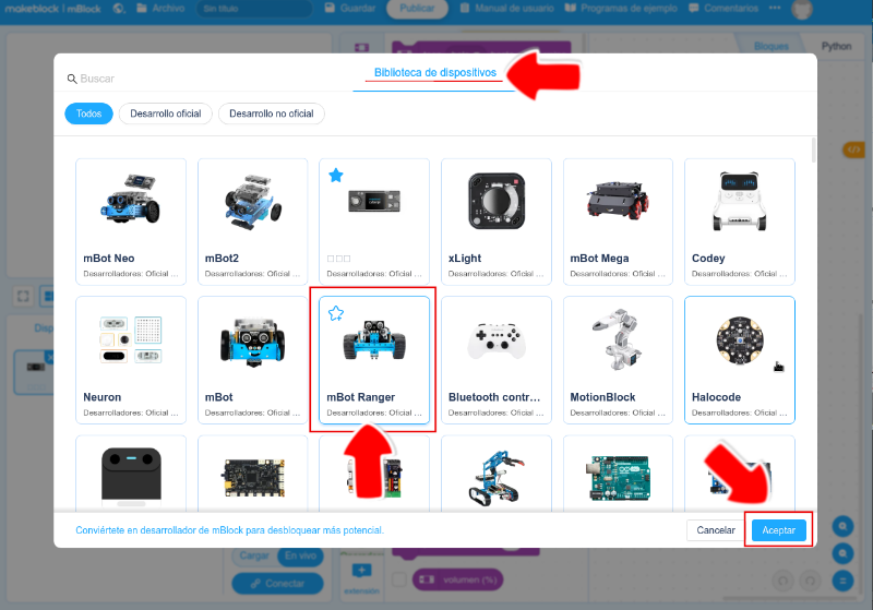 La imagen muestra cómo agregar el dispositivo mbot ranger al mblock online