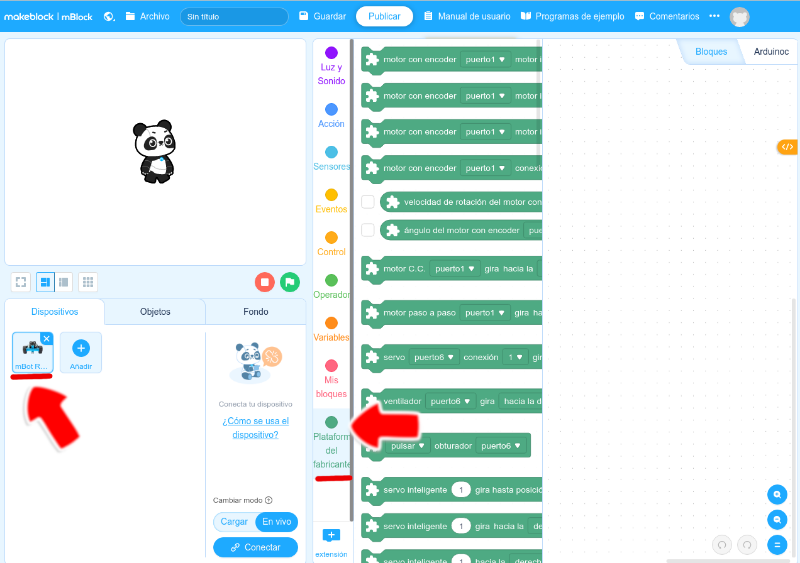 La imagen muestra  la interface de mblock 5 online configurada para mbot ranger con los bloques plataforma del fabricante