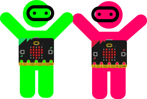 La imagen muestra dos robots contentos con una placa Microbit en el pecho