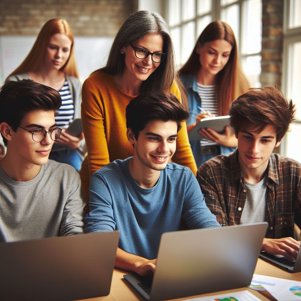 Imagen de una profesora con tres alumnos y dos alumnas generada con inteligencia artificial.