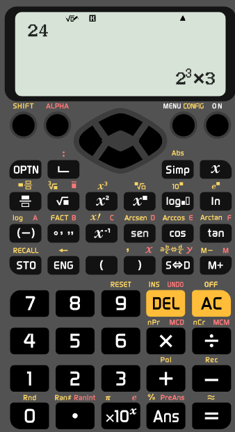Captura de pantalla de una calculadora en la que se hace la factorización prima de 24