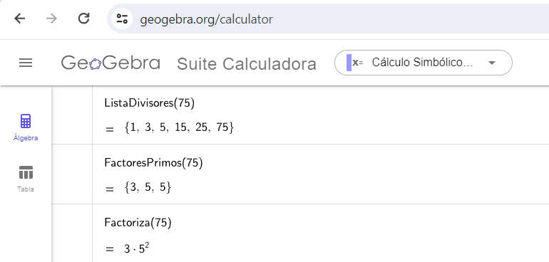Captura de pantalla con comandos de divisibilidad de GeoGebra