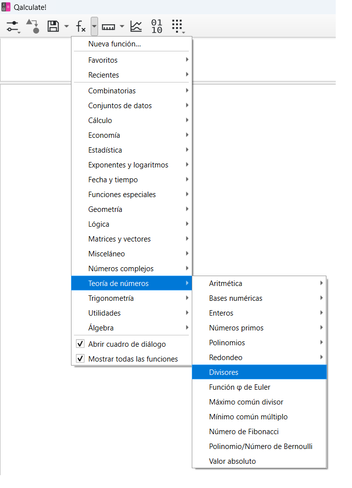 Captura de pantalla de la caluladora Qalculate con el menú de divisilidad