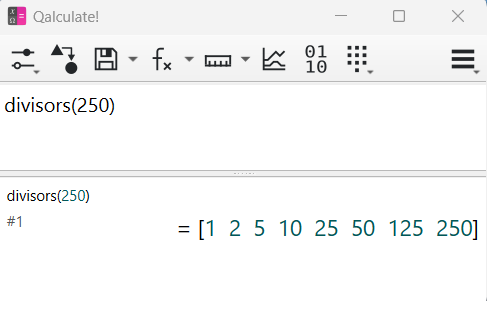 Ejemplo de cálculo de divisores de 250 con Qalculate!