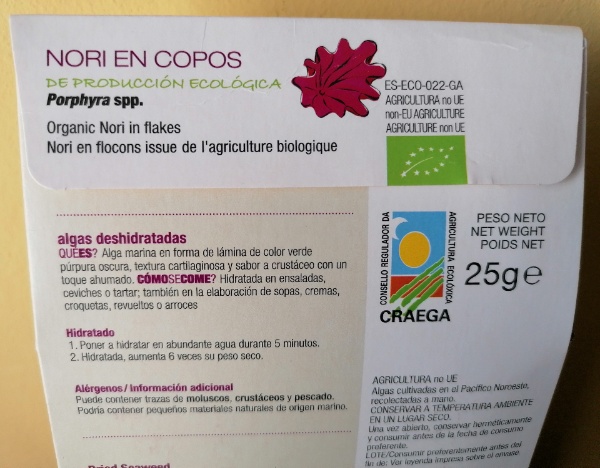 Reverso del envase de algas Nori deshidratadas