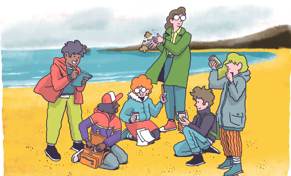 Personajes investigando en la playa Dibujo de un personajes investigando en la playa