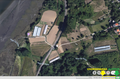 Captura de pantalla de Google Earth, lugar marcado y coordenadas y altitud señaladas en la imagen.