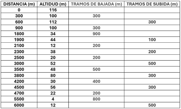 Tabla de 17 filas, una fila por tramo, y 4 columnas (distancia, altitud, tramo bajada, tramo subida)