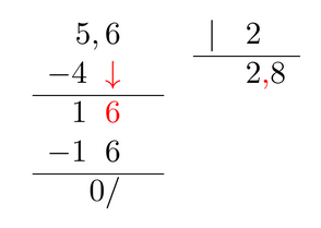5,6 entre 2 La imagen muestra la division de 5,6 entre 2