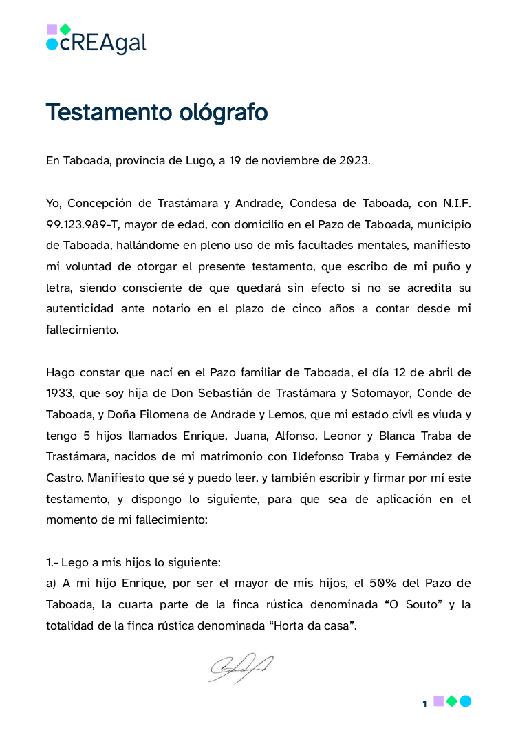 Portada testamento La imagen muestra la portada del testamento olografo