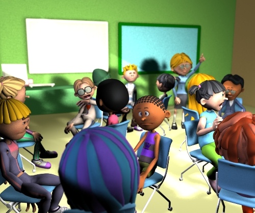 Personajes en un aula trabajando en equipo