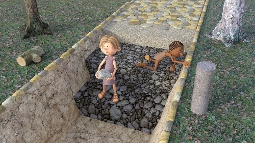 Personajes colocando piedras en una calzada romana