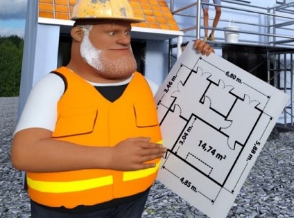 Personaje con plano de obra en la mano y fondo de obra Personaje con plano de obra en la mano y fondo de obra